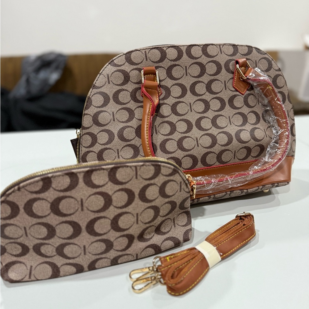 Chic Brown Patterned Shoulder Bag Set